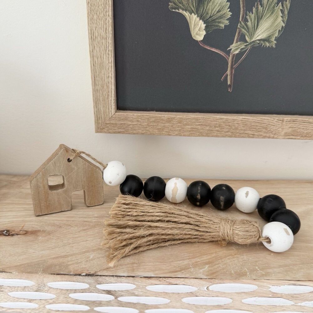 Farmhouse Black White Wooden Bead Garland w/ House Tag & Jute Tassel Decor